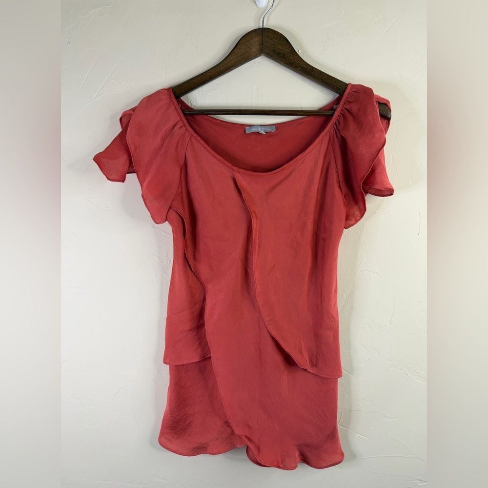 Layered Ruffle whimsical Short-Sleeve Women's Top in a rust red color